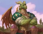  2020 activision anthro bottomwear claws clothed clothing crossed_arms digital_media_(artwork) dragon green_body green_scales hi_res horn male mammal membrane_(anatomy) muscular muscular_anthro muscular_male nestor_(spyro) outside scales scalie sharp_teeth smile solo spyro_reignited_trilogy spyro_the_dragon standing taran_fiddler teeth video_games wings 