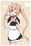  1girl ;d alternate_costume apron blush brown_eyes cowboy_shot enmaided eyebrows_visible_through_hair heart heart_hands kantai_collection light_brown_hair long_hair looking_at_viewer maid maid_apron murasame_(kantai_collection) one_eye_closed open_mouth smile solo twintails yoru_nai 