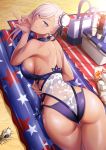  1girl ass asymmetrical_hair back bangs beach blue_eyes blue_swimsuit blush breasts bun_cover closed_mouth cooler cup dark_skin fate/grand_order fate_(series) hair_bun highleg highleg_swimsuit highres inflatable_raft large_breasts long_hair looking_at_viewer miyamoto_musashi_(fate/grand_order) miyamoto_musashi_(swimsuit_berserker)_(fate) pink_hair seashell shell side_bun sideboob smile soda_bottle swept_bangs swimsuit tan tawagoto_dukai_no_deshi thighs 