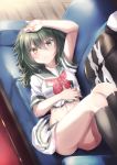  1girl ass black_legwear blush camouflage cape couch eyebrows_visible_through_hair green_eyes green_hair green_sailor_collar hair_between_eyes hat heterochromia highres indoors kantai_collection kiso_(kantai_collection) long_hair looking_at_viewer lying medium_hair neckerchief on_back on_couch pleated_skirt remodel_(kantai_collection) sailor_collar scar scar_across_eye school_uniform serafuku shirt skirt socks solo white_shirt white_skirt yellow_eyes yuihira_asu 