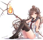  1girl alternate_costume arknights artist_name bangs bare_arms bare_shoulders black_footwear black_legwear breasts brown_hair commentary eyebrows_visible_through_hair eyjafjalla_(arknights) fire highres holding holding_staff horns knees_up long_hair looking_at_viewer mary_janes originium_arts_(arknights) red_eyes red_neckwear sheep_horns shoes simple_background sitting sleeveless small_breasts smile sobmarine solo staff thighhighs thighs twitter_username very_long_hair 