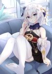  1girl bangs bare_shoulders black_dress blue_eyes blue_flower bow couch dress earrings eyebrows_visible_through_hair feet flower foot_out_of_frame hair_between_eyes hair_flower hair_ornament hand_in_hair headgear highres honkai_(series) honkai_impact_3rd indoors jewelry long_hair looking_at_viewer no_shoes parted_lips pillow plant sitting smile solo theresa_apocalypse thighhighs touhourh white_bow white_flower white_hair white_legwear window 