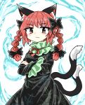  1girl animal_ears bangs black_bow black_dress bow braid cat_ears cat_tail chups closed_mouth crossed_arms dress extra_ears eyebrows_visible_through_hair frilled_dress frilled_sleeves frills hitodama kaenbyou_rin looking_at_viewer medium_hair multiple_tails red_bow red_eyes red_hair red_neckwear simple_background solo tail touhou two_tails upper_body v-shaped_eyebrows white_background 