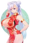  1girl alternate_costume armlet azur_lane bare_shoulders belfast_(azur_lane) breast_curtains breasts chain china_dress chinese_clothes collar commentary_request covered_navel covered_nipples double_bun dress eyebrows_visible_through_hair fingerless_gloves floral_print gloves hand_up highres large_breasts long_hair looking_at_viewer nipple_piercing nipples one_breast_out open_mouth pelvic_curtain piercing purple_eyes red_dress red_gloves side_slit simple_background sleeveless sleeveless_dress smile solo supurai thighs twintails very_long_hair 