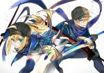  1boy 1girl ahoge arthur_pendragon_(fate) artoria_pendragon_(all) bangs baseball_cap black_headwear blonde_hair blue_eyes blue_jacket blue_scarf cosplay excalibur_(fate/prototype) fate/grand_order fate_(series) fighting_stance gloves green_eyes hair_between_eyes hat holding jacket long_hair long_sleeves looking_at_viewer mysterious_heroine_x mysterious_heroine_x_(cosplay) ponytail pvc_parfait scarf shiny shiny_hair shorts smile smirk sword thighhighs track_jacket upper_body weapon 