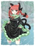  1girl animal_ears bangs bare_legs black_bow black_dress bow braid breasts cat_ears cat_tail chups dress extra_ears eyebrows_visible_through_hair fang frilled_dress frilled_sleeves frills green_frills highres holding_dress in_water kaenbyou_rin long_sleeves looking_at_viewer medium_hair multiple_tails open_mouth outdoors pointy_ears red_bow red_eyes red_hair red_nails red_neckwear short_hair solo standing tail touhou twin_braids two_tails water wet 