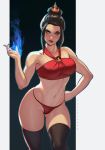  1girl abs artist_name ass_visible_through_thighs avatar:_the_last_airbender avatar_(series) azula bare_shoulders bikini bikini_bottom black_background black_hair blue_fire breasts collarbone dandon_fuga feet_out_of_frame fire grey_background hair_bun hand_on_hip highres large_breasts looking_at_viewer navel simple_background sleeveless solo standing stomach strapless swimsuit thick_thighs thighhighs thighs tubetop two-tone_background watermark yellow_eyes 