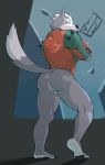  2020 anthro backsack balls bottomless butt canid canine canis clothed clothing digital_media_(artwork) fur genitals grey_body grey_fur hi_res jrjresq looking_back male mammal muscular muscular_anthro muscular_male nintendo rear_view red_eyes simple_background solo standing star_fox topwear video_games wolf wolf_o&#039;donnell 