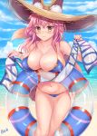  1girl animal_ear_fluff animal_ears bangs bare_shoulders beach ben bikini blue_bikini blue_sky blush breasts cleavage collarbone ears_through_headwear fate/grand_order fate_(series) fox_ears fox_girl fox_tail hat highres innertube large_breasts long_hair looking_at_viewer navel ocean pink_hair sky smile straw_hat swimsuit tail tamamo_(fate)_(all) tamamo_no_mae_(swimsuit_lancer)_(fate) thighs yellow_eyes 