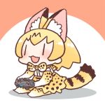  1girl :3 animal_ears blush bow bowtie chibi commentary_request controller detached_sleeves dualshock game_controller gamepad inukoro_(spa) kemono_friends lowres playing_games serval_(kemono_friends) serval_print simple_background sitting tail |_| 