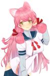  1girl akashi_(kantai_collection) animal_ear_fluff animal_ears blue_skirt blush breasts cat_ears eyebrows_visible_through_hair green_eyes hair_ribbon hand_in_hair highres hip_vent kantai_collection large_breasts long_hair long_sleeves looking_at_viewer pink_hair pleated_skirt red_ribbon ribbon saba_mirin school_uniform serafuku simple_background skirt smile solo tress_ribbon white_background 