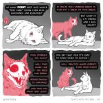  1:1 ambiguous_gender bone comic dialogue domestic_cat duo english_text felid feline felis feral fur mammal red_body red_eyes red_fur skull skullbird spirit text 