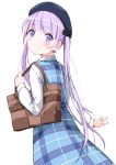  1girl absurdres bag beret blush bow closed_mouth dress eyebrows_visible_through_hair hair_bow handbag hat highres holding long_hair long_sleeves looking_at_viewer looking_back marie_(pixiv31942978) new_game! plaid plaid_dress purple_eyes purple_hair smile solo suzukaze_aoba twintails white_background 