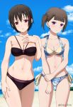  bangs bare_arms bare_shoulders beach bikini black_bikini black_hair blue_bikini blue_sky blunt_bangs braid breasts cleavage cloud collarbone cowboy_shot day hair_ornament hairclip hand_on_own_arm hand_on_own_chest hand_on_own_thigh inoshira kaguya-sama_wa_kokurasetai_~tensai-tachi_no_renai_zunousen~ kashiwagi_nagisa looking_at_viewer medium_breasts navel ocean outdoors purple_eyes ribbon shijou_maki short_hair short_twintails sky stomach striped striped_bikini swimsuit thighs twintails twitter_username yellow_ribbon 