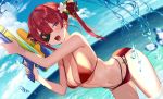  1girl :d arched_back arm_up armpits bare_arms bare_shoulders bent_over bikini breasts cleavage day dutch_angle eyepatch finger_on_trigger flower hair_between_eyes hair_flower hair_ornament hair_ribbon hand_up highres holding hololive houshou_marine large_breasts long_hair looking_at_viewer multi-strapped_bikini navel ocean open_mouth outdoors red_bikini red_eyes red_hair ribbon satoupote sidelocks skindentation smile solo standing stomach string_bikini swimsuit thighs twintails virtual_youtuber wading water water_gun wet 