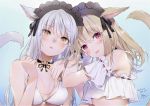  2girls animal_ears bare_arms bare_shoulders bikini bikini_top blonde_hair bow breasts brown_eyes cat_ears cat_girl cat_tail choker crop_top crop_top_overhang dated detached_sleeves eyebrows_visible_through_hair facial_mark final_fantasy final_fantasy_xiv headdress highres large_breasts long_hair maid_headdress midriff miqo&#039;te multiple_girls parted_lips pink_hair shirt signature silver_hair slit_pupils swimsuit tail tail_raised tongue tongue_out upper_body whisker_markings white_bikini white_shirt yana_mori 