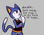  2020 absurd_res animal_crossing anthro blue_body bottomless clothed clothing dialogue domestic_cat english_text featureless_crotch felid feline felis front_view grey_background hi_res looking_aside male mammal nintendo open_mouth prate red_eyes rover_(animal_crossing) simple_background solo standing text video_games 