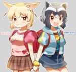  2girls :d alternate_costume animal_ear_fluff animal_ears backpack bag bangs black_hair blonde_hair blue_jacket blue_skirt brown_hair casual common_raccoon_(kemono_friends) cowboy_shot extra_ears eyebrows_visible_through_hair fang fennec_(kemono_friends) fox_ears grey_background grey_hair heart heart_print highres holding_hands jacket kemono_friends looking_at_viewer multiple_girls open_mouth outline plaid plaid_skirt puffy_short_sleeves puffy_sleeves raccoon_ears randoseru scrunchie short_hair short_sleeves simple_background skirt smile suicchonsuisui white_outline wrist_scrunchie yellow_scrunchie 