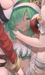  3girls absurdres amira_(shingeki_no_bahamut) bangs bare_shoulders betabeet bikini blush breast_press breasts cleavage closed_mouth dark_skin granblue_fantasy green_eyes green_hair hair_over_one_eye hat highres hug huge_filesize kolulu_(granblue_fantasy) large_breasts leona_(granblue_fantasy) lips long_hair long_sleeves looking_at_viewer multiple_girls red_bikini swimsuit white_bikini white_headwear 