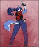 absurd_res anthro border bottomwear breasts canid canine canis clothed clothing greasymojo gun hand_on_hip hi_res holding_object holding_weapon looking_back mammal pants ranged_weapon rear_view red_border shirt topwear weapon wolf 