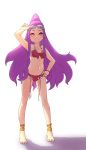  1girl ankle_ribbon backlighting bangs bare_shoulders bikini blush breasts closed_mouth collarbone facial_mark fate/grand_order fate_(series) forehead forehead_mark full_body goggles goggles_on_head hand_on_hip highres legs long_hair looking_at_viewer navel niwaikanai parted_bangs ponytail purple_bikini purple_eyes purple_hair ribbon sidelocks simple_background small_breasts smile swimsuit very_long_hair wu_zetian_(fate/grand_order) yellow_ribbon 