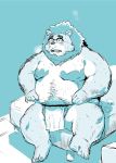  2020 anthro asian_clothing bed belly bodily_fluids bulge clothing east_asian_clothing eyewear felid fundoshi furniture genital_fluids glasses hi_res humanoid_hands japanese_clothing kemono lion male mammal moobs nipples overweight overweight_male pantherine precum sitting solo sweat tachiuo underwear 