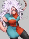  1girl android_21 arms_behind_back black_legwear blue_eyes breasts checkered checkered_dress dragon_ball dragon_ball_fighterz dress glasses grey_background hair_between_eyes kemachiku large_breasts long_hair majin_android_21 pantyhose pointy_ears red_skin simple_background solo tail white_hair 