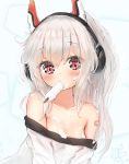  1girl ayanami_(azur_lane) azur_lane bandaid bandaid_on_face bare_shoulders blush breasts cleavage dirty food headgear headphones highres long_hair mouth_hold off_shoulder ponytail popsicle red_eyes seboneko shirt silver_hair small_breasts solo upper_body white_shirt 