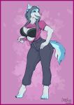  absurd_res anthro big_breasts border bottomwear bra breasts canid canine canis cleavage clothed clothing female greasymojo hand_on_hip hi_res mammal pants purple_border solo torn_clothing underwear wolf 