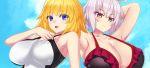  2girls ahoge armpits arms_behind_head arms_up bangs bare_shoulders bikini black_bikini black_swimsuit blonde_hair blue_eyes blue_sky blush breasts cleavage closed_mouth collarbone fate/grand_order fate_(series) highres jeanne_d&#039;arc_(alter)_(fate) jeanne_d&#039;arc_(fate) jeanne_d&#039;arc_(fate)_(all) large_breasts looking_at_viewer multiple_girls one-piece_swimsuit open_mouth short_hair silver_hair sky swimsuit two-tone_swimsuit vibncent white_swimsuit yellow_eyes 