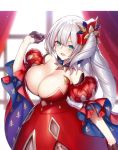  1girl bare_shoulders blue_eyes breasts cleavage dress fate/grand_order fate/requiem fate_(series) gloves half_gloves highres kodama_yuu large_breasts long_hair marie_antoinette_(fate/grand_order) red_gloves side_ponytail silver_hair smile solo very_long_hair 