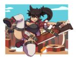  1girl attack belt belt_buckle black_gloves black_hair breasts buckle cleavage dustloop fingerless_gloves genderswap genderswap_(mtf) gloves guilty_gear guilty_gear_xrd headband holding holding_sword holding_weapon jacket jumping junkyard_dog_mk_iii large_breasts long_hair loose_belt meme open_mouth pelvic_curtain popped_collar red_jacket reverse_grip sakanadaze short_shorts shorts sleeves_pushed_up smile sol_badgal sol_badguy solo sword tan thigh_strap thighhighs weapon white_legwear 