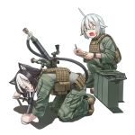  0_0 2girls :3 ahoge ammo_box animal_ears belt black_hair body_armor boots brown_footwear cat_ears cat_tail closed_eyes commentary english_commentary eyebrows_visible_through_hair frown green_jacket green_pants holding holding_pen jacket jpc kneeling leaning_forward long_sleeves military military_uniform mortar multicolored_hair multiple_girls one_knee open_mouth original pants pen prehensile_tail scared shadow short_hair silver_hair tail two-tone_hair uniform utility_belt 