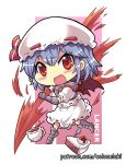  1girl armored_boots bat_wings blush_stickers boots chibi colonel_aki commentary_request cup english_text eyebrows_visible_through_hair food fruit gauntlets hat hat_ribbon holding holding_weapon lavender_hair looking_at_viewer mob_cap open_mouth puffy_short_sleeves puffy_sleeves red_eyes remilia_scarlet ribbon short_hair short_sleeves skirt smile solo spear_the_gungnir spilling spoon strawberry strawberry_shortcake teacup touhou weapon wings 