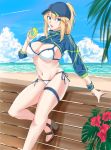  1girl ahoge artoria_pendragon_(all) bangs baseball_cap beach bikini blonde_hair blue_eyes blue_headwear blue_jacket blue_sky breasts can cleavage cropped_jacket fate/grand_order fate_(series) flower hair_between_eyes hair_through_headwear hat highres jacket koujiro_(kouziro_1) large_breasts legs long_hair long_sleeves looking_at_viewer mysterious_heroine_xx_(foreigner) navel ocean open_mouth palm_tree ponytail sandals shrug_(clothing) side-tie_bikini sidelocks sky swimsuit thigh_strap tree white_bikini wristband 