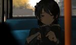  1girl absurdres black_hair blurry blurry_foreground book bow bus_interior closed_mouth day expressionless green_eyes hair_bow hand_up highres holding holding_book long_sleeves original reading short_hair solo suiso_(owp) upper_body 