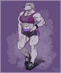  abs absurd_res anthro border bottomwear breasts clothed clothing female footwear greasymojo hand_on_hip hi_res mammal muscular muscular_female navel purple_border shoes shorts solo ursid 