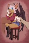  2:3 absurd_res anthro big_breasts blush border bottomwear breasts chiropteran cleavage clothed clothing crossed_legs cutoffs denim denim_clothing female furniture greasymojo hi_res jewelry mammal necklace red_border rouge_the_bat shorts sitting solo_focus sonic_the_hedgehog_(series) stool 