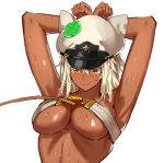  1girl animal_hat armpits arms_up assisted_exposure beltbra blush breasts clover dark_skin four-leaf_clover guilty_gear guilty_gear_xrd hat hat_ornament long_hair looking_down medium_breasts orange_eyes platinum_blonde_hair portrait ramlethal_valentine simplecar solo sweat underboob white_background 