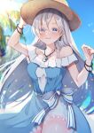 1girl absurdres anastasia_(fate) anastasia_(swimsuit_archer)_(fate) arm_up bangs bare_shoulders blue_dress blue_eyes blue_sky bow bracelet breasts cloud collarbone cowboy_shot day dress earrings eyes_visible_through_hair fate/grand_order fate_(series) frilled_dress frills hair_between_eyes hair_over_one_eye hat highres jewelry long_hair looking_at_viewer medium_breasts necklace off-shoulder_dress off_shoulder outdoors palm_tree pendant signature silver_hair sky solo star_(symbol) straw_hat suna_co tree two-tone_dress white_bow white_dress 