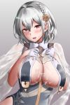  1girl after_paizuri azur_lane bangs blush braid breast_curtains breasts china_dress chinese_clothes cleavage cum cum_on_body cum_on_breasts cum_on_upper_body dress gloves grey_dress half_gloves highres large_breasts looking_at_viewer neckwear_between_breasts open_mouth red_eyes revealing_clothes satou_aji sheer_clothes short_hair side_braid silver_hair sirius_(azur_lane) sirius_(azure_horizons)_(azur_lane) white_gloves 