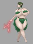  3:4 areola areola_slip big_breasts breasts clothed clothing elf female green_hair hair hi_res huge_breasts humanoid humanoid_pointy_ears leaf_clothing lurking_tyger not_furry simple_background skimpy solo wide_hips yellow_eyes 