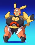  2020 absurd_res anthro big_breasts blue_background blush bodily_fluids bottomwear breasts clothing cosplay_pikachu_(costume) female hi_res mask nintendo overweight overweight_female pants pikachu pikachu_libre pok&eacute;mon pok&eacute;mon_(species) prinnydood short_stack simple_background smile solo standing sweat tight_clothing video_games yellow_body 