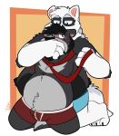  2020 anthro belly black_body black_fur blush canid canine canis clothing duo fur giant_panda hi_res hybrid male male/male mammal necktie overweight overweight_male thepandobo underwear ursid white_body white_fur wolf 