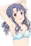  1girl :d aqua_bra armpits arms_behind_head arms_up bangs bare_arms black_hair bow bow_bra bra breasts cleavage collarbone commentary_request eyebrows_visible_through_hair floral_print highres hiroki_(yyqw7151) idolmaster idolmaster_million_live! light_blush long_hair looking_at_viewer looking_to_the_side medium_breasts no_eyewear open_mouth orange_bow print_bra red_eyes simple_background smile solo takayama_sayoko underwear underwear_only upper_body wavy_hair white_background 