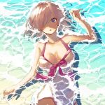  1girl artist_request bangs bare_shoulders beach blush breasts cleavage collarbone dress_swimsuit fate/grand_order fate_(series) hair_over_one_eye highres large_breasts lavender_hair looking_at_viewer lying mash_kyrielight on_back open_mouth purple_eyes shore short_hair swimsuit swimsuit_of_perpetual_summer water wet white_swimsuit 