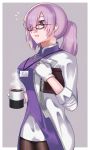  1girl akio_(akio1124) black_legwear breasts coffee coffee_mug cup fate/grand_order fate_(series) glasses hair_over_one_eye highres jacket large_breasts mash_kyrielight mug older pantyhose ponytail purple_eyes purple_hair smile solo 