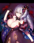  1girl alter_servant bare_shoulders black_dress black_gloves breasts cleavage dark_persona dress fate/grand_order fate/requiem fate_(series) gloves half_gloves highres kodama_yuu large_breasts marie_antoinette_(alter)_(fate/grand_order) marie_antoinette_(fate/grand_order) pale_skin side_ponytail silver_hair solo yellow_eyes 