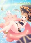  2girls abigail_williams_(fate/grand_order) ankle_scrunchie bangs bare_shoulders beach bikini black_bikini black_bow black_skirt blonde_hair blue_eyes blue_sky blush bow breasts closed_eyes closed_mouth collarbone double_bun emerald_float fate/grand_order fate_(series) feet forehead frilled_bikini frills highres horns innertube lavinia_whateley_(fate/grand_order) legs long_hair looking_at_viewer microskirt multiple_bows multiple_girls navel orange_bow parted_bangs polka_dot polka_dot_bow scrunchie sidelocks single_horn skirt sky small_breasts suki2000510 swimsuit tentacles thighs umbrella water white_hair 