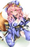  1girl absurdres animal_ear_fluff animal_ears animal_hood bangs blue_kimono blush breasts choker cleavage cloak closed_mouth fate/extra fate/grand_order fate_(series) fox_ears fox_girl fox_shadow_puppet fox_tail hair_between_eyes highres hood hood_up hooded_cloak japanese_clothes kamehito kimono large_breasts long_hair long_sleeves looking_at_viewer obi pink_hair sash simple_background sitting smile tail tamamo_(fate)_(all) tamamo_no_mae_(fate) thighhighs wariza white_legwear wide_sleeves yellow_eyes 